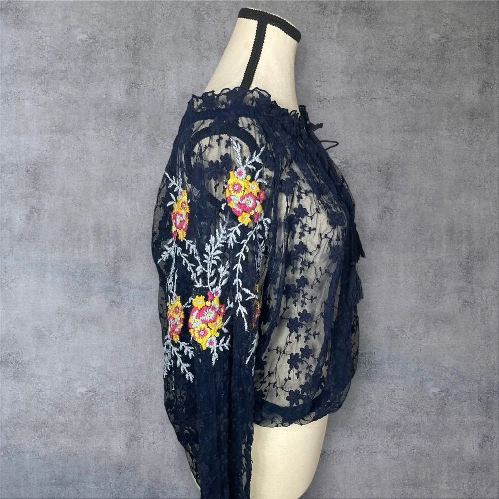 Free People Blue Jubilee Lace Floral‎ Embroidered Sheer Top Womens S Boho Mesh